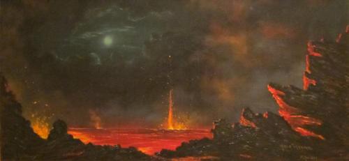 a painting of a painting of a fire at Puna Pod in Pahoa