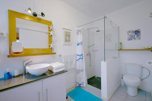 a bathroom with a sink and a toilet and a shower at Villa Cap Malheureux in Cap Malheureux