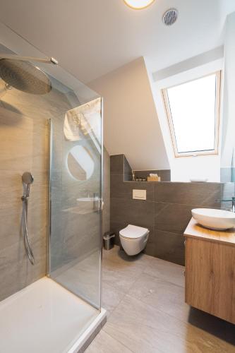 a bathroom with a shower and a toilet and a sink at Vila Jestřábí s výhledem na Lipno, klidná lokalita in Černá v Pošumaví