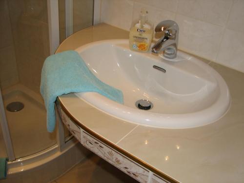 - un lavabo avec une serviette bleue à côté d'une douche dans l'établissement Hotel-Pension Lydia, à Berlin