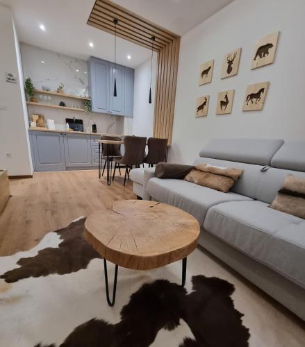 a living room with a couch and a table at Apartman Drvorez-direktno na ski stazi in Jahorina