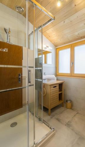 une salle de bain avec douche et lavabo dans l'établissement Chalet Ramadieu, à La Giettaz