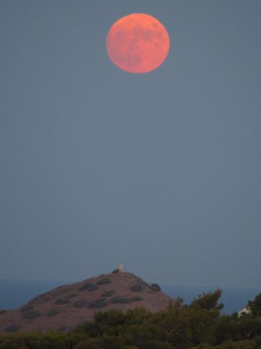 a red full moon rising over a hill at Villa-Agave , by the sea in Porto-Rafti outside Athens in Porto Rafti