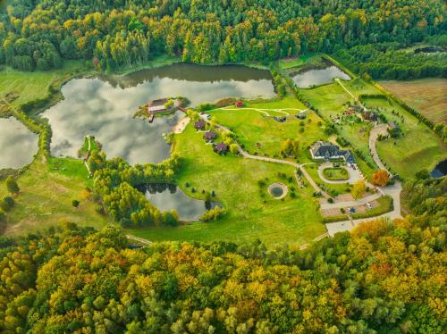 an aerial view of a park with trees and a lake at Wodny Świat in Ostrzyce