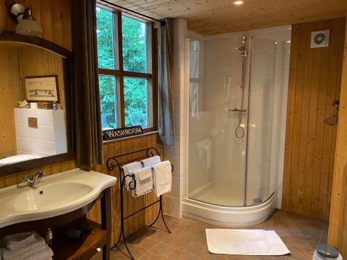 een badkamer met een douche en een wastafel bij 't Wettenshuys in Nuenen