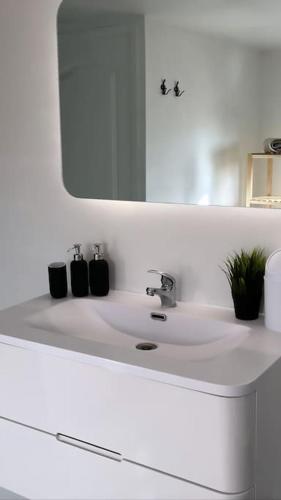 une salle de bain blanche avec un lavabo et un miroir dans l'établissement Grande Maison et Jardin Métropole, à Seclin