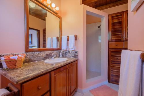 y baño con lavabo, espejo y ducha. en Coral Bay Villas en San Pedro