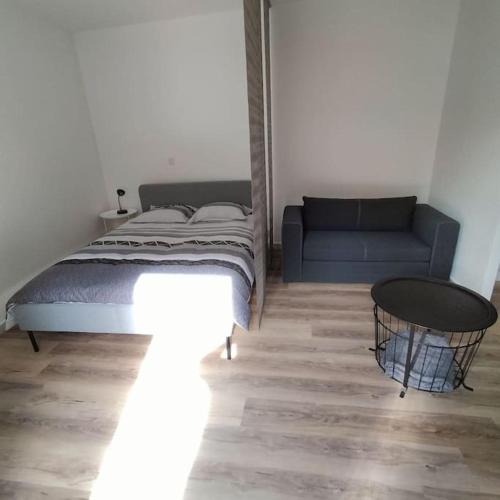 - une chambre avec un lit et un canapé dans l'établissement Spacieux studio dans résidence avec parking privé, à Clermont-Ferrand
