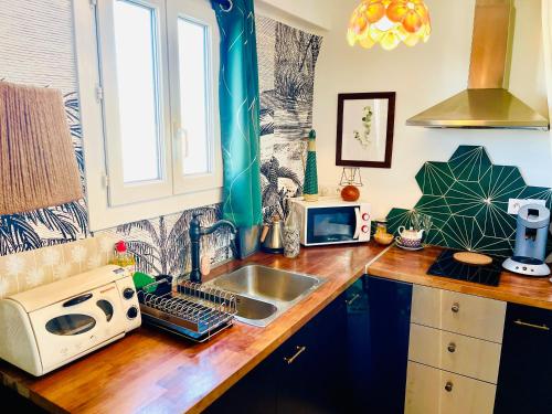 un comptoir de cuisine avec un évier et un micro-ondes dans l'établissement Elégant studio sous les toits, à Marseille