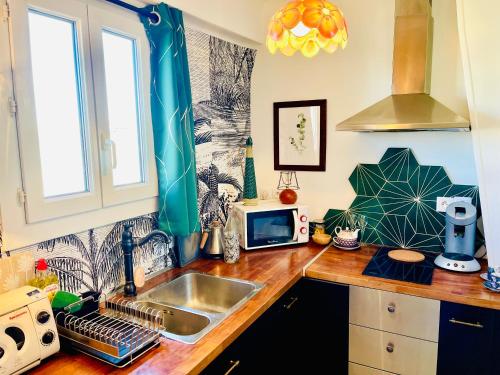 une cuisine avec un évier et un micro-ondes sur un comptoir dans l'établissement Elégant studio sous les toits, à Marseille