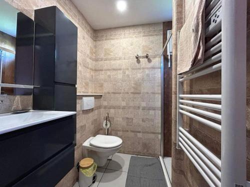 La petite salle de bains est pourvue de toilettes et d'un lavabo. dans l'établissement Appartement très agréable proche tous commerces, à Meschers-sur-Gironde