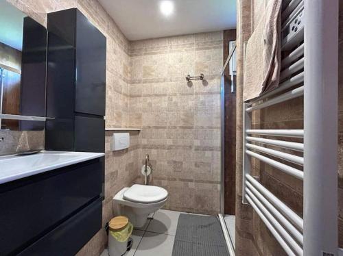 a small bathroom with a toilet and a sink at Appartement très agréable proche tous commerces in Meschers-sur-Gironde