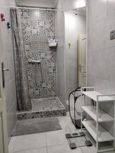 a bathroom with a shower with a tile wall at Srafko apartment in Subotica