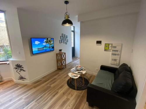 ein Wohnzimmer mit einem schwarzen Sofa und einem TV in der Unterkunft Appartement centre-ville de Valognes in Valognes