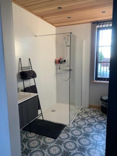 a bathroom with a glass shower and a sink at Vélo 94 bij Soof in Geel