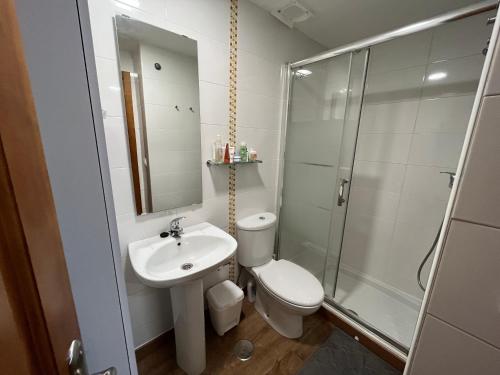 y baño con aseo, lavabo y ducha. en Precioso apartamento en San Isidro , ski , snow, en San Isidro