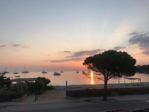 un tramonto su uno specchio d'acqua con barche di A Rossa Location a Favone