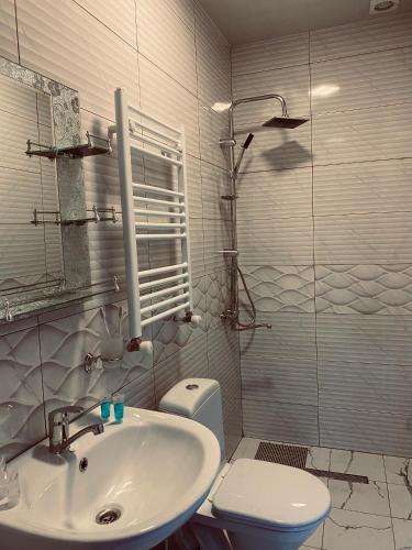 a bathroom with a sink and a toilet and a shower at Guesthouse Relax in Kazbegi in Stepantsminda