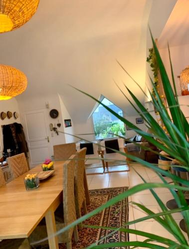 a dining room with a wooden table and a potted plant at La petite duchesse - jaccuzzi in Plérin