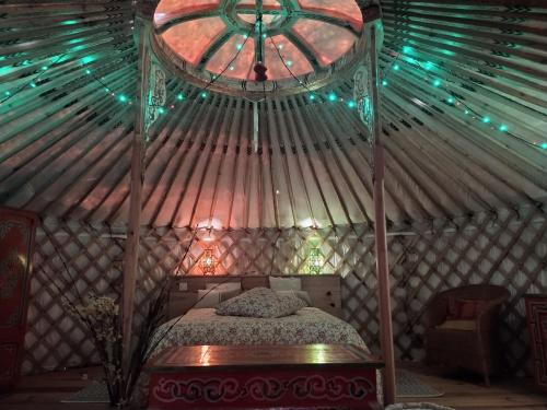 ein Schlafzimmer mit einem Bett in einer Jurte mit Beleuchtung in der Unterkunft Yourte Bourgogne in Corvol-dʼEmbernard