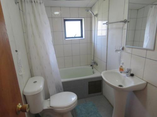 a bathroom with a toilet and a sink and a tub at Hostal y Cabañas Perla del Lago in Puerto Guadal