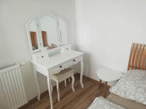 a bathroom with a white sink and a mirror at Apartmány ZELENÝ DOM in Podhájska