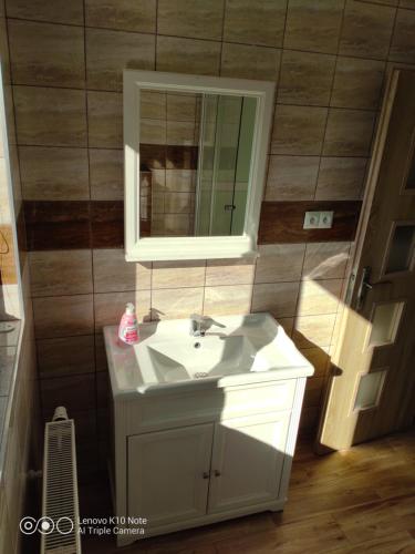 y baño con lavabo blanco y espejo. en Chata pod lipou Bobrovník, en Bobrovník