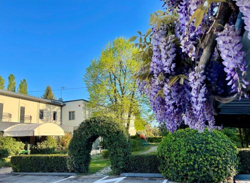 a wreath of purple flowers hanging from a building at Hotel all'Orso in Biancade
