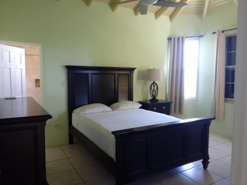 1 dormitorio con 1 cama grande y cabecero de madera en Abigail's Sunflower Entire 2 Bedroom Apt, en Tortola Island