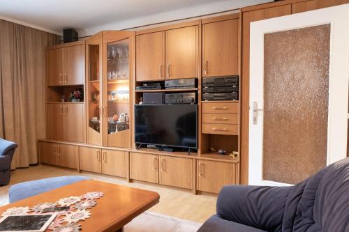 sala de estar con armarios de madera y TV de pantalla plana en City Smart Home, Hi-End Services, Media Streaming, en Viena