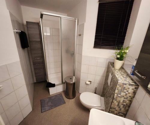 y baño pequeño con aseo y ducha. en Komfortable Ferienwohnung Auf dem Höchsten, en Dortmund