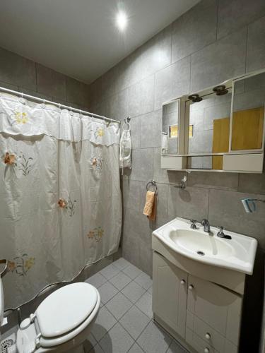 a bathroom with a white toilet and a sink at La Quinta Departamento in Santa Rosa