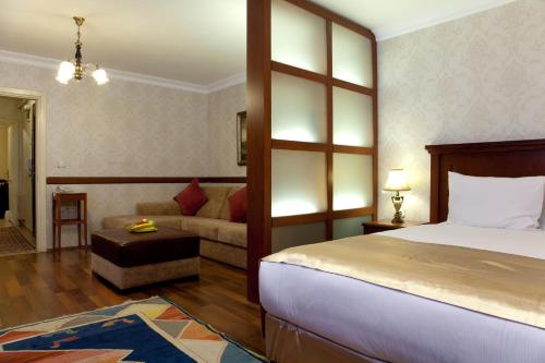 イスタンブールにあるスルタンアフメット スイーツのベッドとソファ付きのホテルルーム