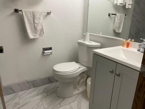 a white bathroom with a toilet and a sink at Heritage Inn Hotel in Watertown