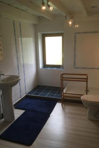 een badkamer met een wastafel, een toilet en een wastafel bij Chambres d'Hotes dans les Gorges de la Sioule in Chouvigny
