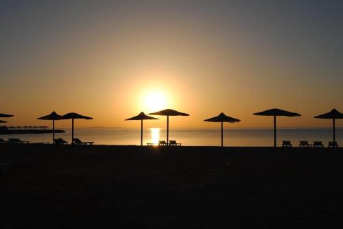 Cecelia resort في الغردقة: مجموعة من المظلات على الشاطئ عند غروب الشمس