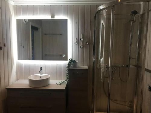a bathroom with a sink and a shower and a mirror at Stor familiehytte på Småsætra, Sjusjøen in Sjusjøen