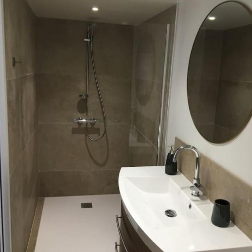 a bathroom with a sink and a shower with a mirror at Logement agréable à la campagne in Saint-Symphorien