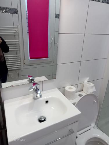 La salle de bains est pourvue d'un lavabo blanc et d'une fenêtre rose. dans l'établissement ZEN & LUXURY Studio Paris Montreuil, à Montreuil