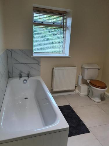 a bathroom with a tub and a toilet and a window at Villa Muneera - rural retreat in the heart of Pembrokeshire in Narberth