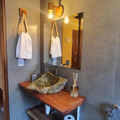 a bathroom with a sink and a mirror at Espaço Canela-de-Ema in Alto Paraíso de Goiás