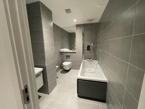 a bathroom with a sink and a toilet at Private Modern Apartment in Olton