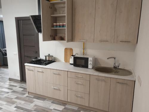 a kitchen with a sink and a microwave on a counter at NEW апартаменты на Гвардейской in Uzhhorod