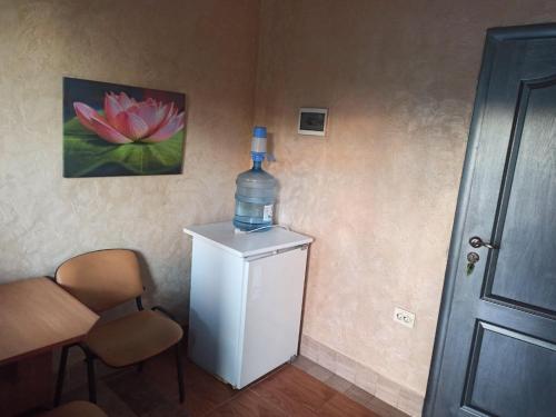 een fles water bovenop een koelkast bij Готель Жасмин in Ternopilʼ