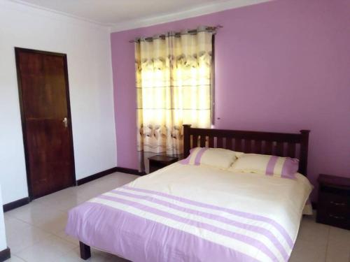 a bedroom with a large bed with purple walls at Larry's Place in Kampala
