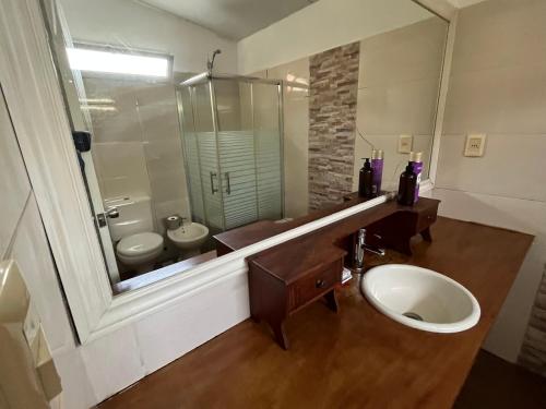 a bathroom with a sink and a toilet and a mirror at NATURALMENTE in Santa Ana