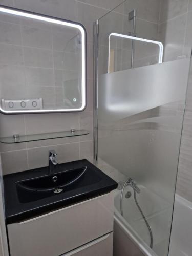 a bathroom with a black sink and a mirror at 2 pièce cabine Val Thorens in Val Thorens