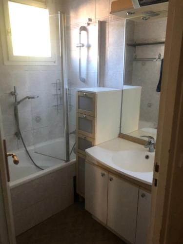 y baño con ducha, lavabo y bañera. en Appartement paisible proche centre ville, en Villennes-sur-Seine