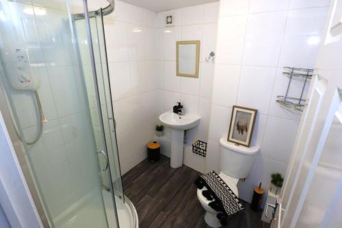 uma casa de banho com um chuveiro, um WC e um lavatório. em New Sunset Square Eastbourne 2 Bed Apartment, Long stay welcome em Eastbourne
