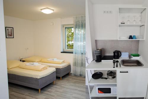 een kleine kamer met 2 bedden en een wastafel bij Private Studio mit eigene Küche und Bad Netflix Youtube in Neurenberg